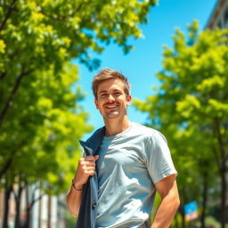 A man standing in a sunlit urban setting, having removed his coat due to the warm weather