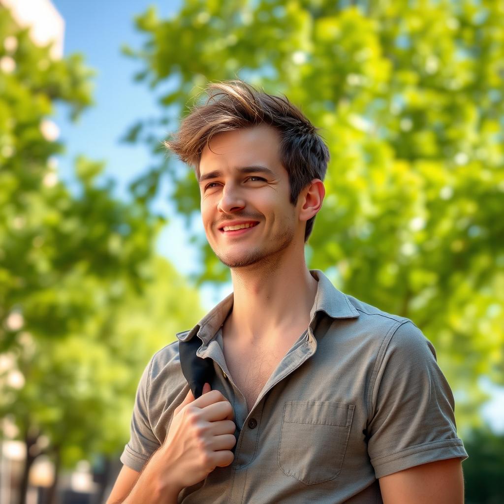 A man standing in a sunlit urban setting, having removed his coat due to the warm weather