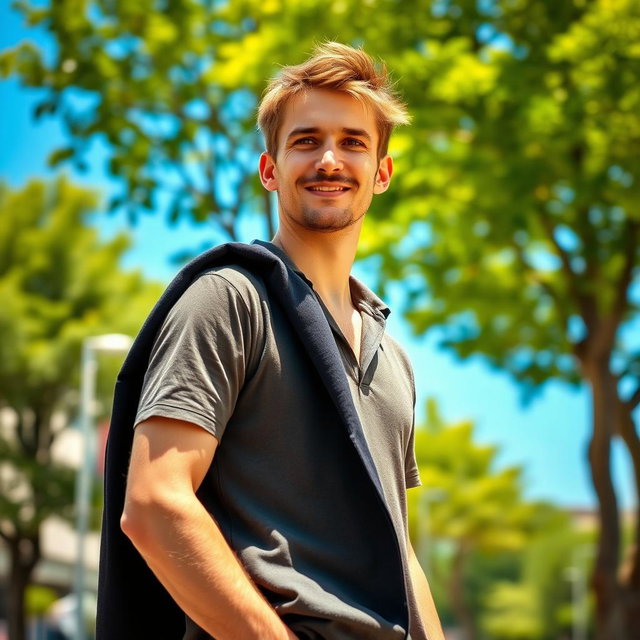 A man standing in a sunlit urban setting, having removed his coat due to the warm weather