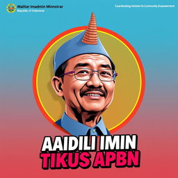 A creative and whimsical poster featuring a portrait of Muhaimin Iskandar, the Coordinating Minister for Community Empowerment of the Republic of Indonesia