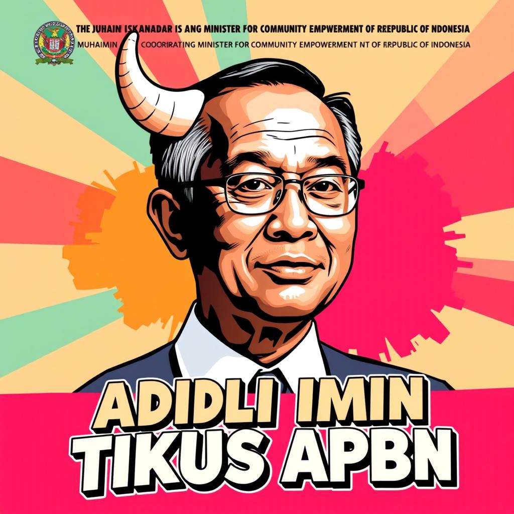 A creative and whimsical poster featuring a portrait of Muhaimin Iskandar, the Coordinating Minister for Community Empowerment of the Republic of Indonesia