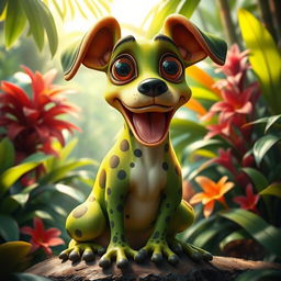 A whimsical and imaginative creature known as a 'sapoperro', combining traits of a dog and a frog