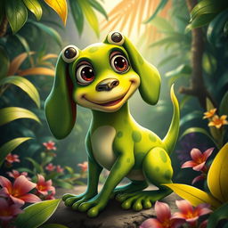 A whimsical and imaginative creature known as a 'sapoperro', combining traits of a dog and a frog