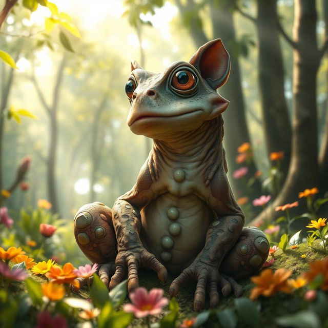 A highly realistic depiction of a 'sapoperro', which is a whimsical and fantastical hybrid creature that combines features of a sapo (toad) and a perro (dog)