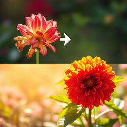 A striking transformation scene showcasing dying flowers magically morphing into vibrant, healthy blooms