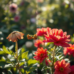 A striking transformation scene showcasing dying flowers magically morphing into vibrant, healthy blooms