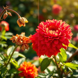 A striking transformation scene showcasing dying flowers magically morphing into vibrant, healthy blooms