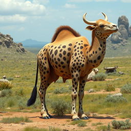 A fantastical creature that is a hybrid of a camel, cow, and leopard