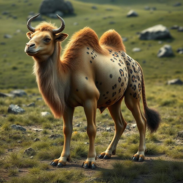 A fantastical creature that is a hybrid of a camel, cow, and leopard