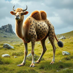 A fantastical creature that is a hybrid of a camel, cow, and leopard