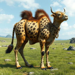 A fantastical creature that is a hybrid of a camel, cow, and leopard