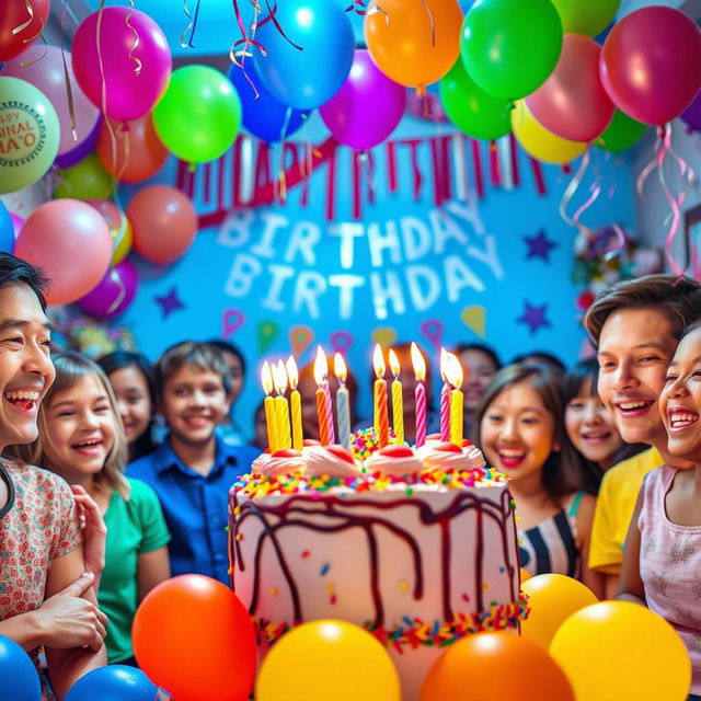 A cheerful birthday celebration scene featuring colorful balloons, a large birthday cake with lit candles, and a festive atmosphere