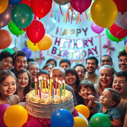A cheerful birthday celebration scene featuring colorful balloons, a large birthday cake with lit candles, and a festive atmosphere