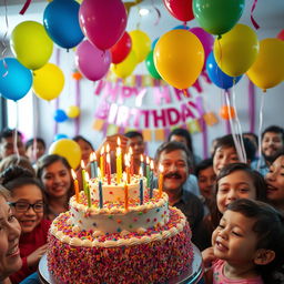 A cheerful birthday celebration scene featuring colorful balloons, a large birthday cake with lit candles, and a festive atmosphere