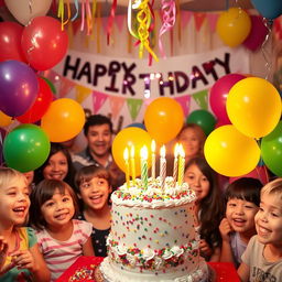 A cheerful birthday celebration scene featuring colorful balloons, a large birthday cake with lit candles, and a festive atmosphere