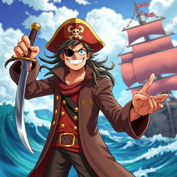 A rugged pirate character inspired by One Piece style, featuring a flamboyant outfit with a long, flowing coat adorned with gold trims, a wide-brimmed hat with a skull and crossbones emblem, and an eye patch over one eye
