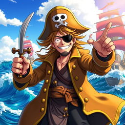 A rugged pirate character inspired by One Piece style, featuring a flamboyant outfit with a long, flowing coat adorned with gold trims, a wide-brimmed hat with a skull and crossbones emblem, and an eye patch over one eye