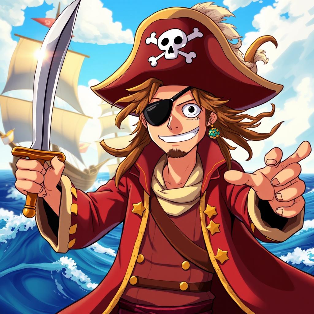 A rugged pirate character inspired by One Piece style, featuring a flamboyant outfit with a long, flowing coat adorned with gold trims, a wide-brimmed hat with a skull and crossbones emblem, and an eye patch over one eye