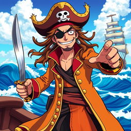 A rugged pirate character inspired by One Piece style, featuring a flamboyant outfit with a long, flowing coat adorned with gold trims, a wide-brimmed hat with a skull and crossbones emblem, and an eye patch over one eye