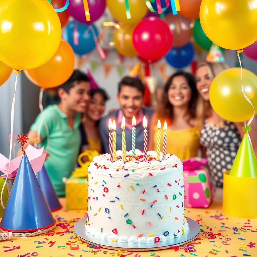 A vibrant and colorful birthday celebration scene featuring a beautifully decorated cake with candles, surrounded by cheerful balloons, confetti, and festive decorations