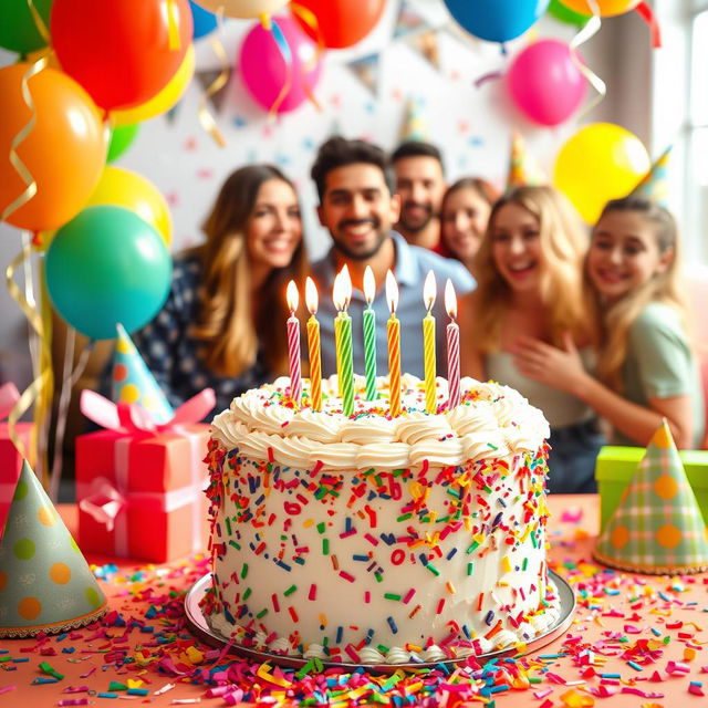 A vibrant and colorful birthday celebration scene featuring a beautifully decorated cake with candles, surrounded by cheerful balloons, confetti, and festive decorations