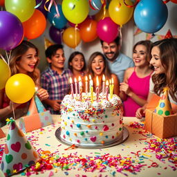 A vibrant and colorful birthday celebration scene featuring a beautifully decorated cake with candles, surrounded by cheerful balloons, confetti, and festive decorations