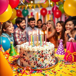A vibrant and colorful birthday celebration scene featuring a beautifully decorated cake with candles, surrounded by cheerful balloons, confetti, and festive decorations