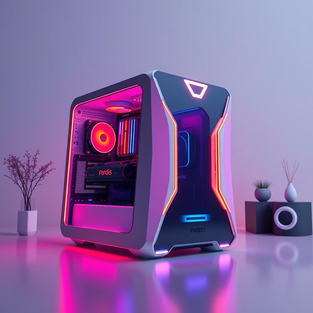 A stunningly beautiful computer system designed in the shape of the Pardis brand logo, featuring sleek lines and an elegant design