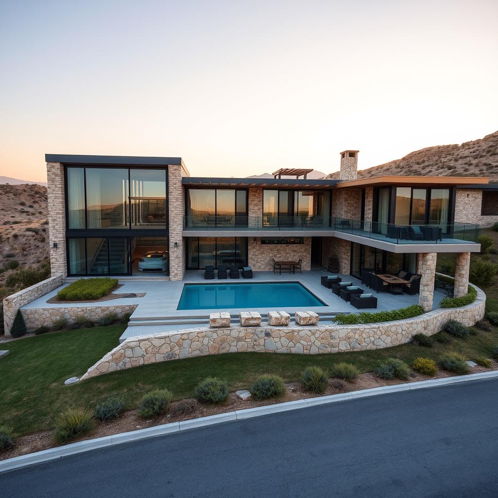 A picturesque rural villa situated on a hill, creatively blending modern and Achaemenid architectural styles