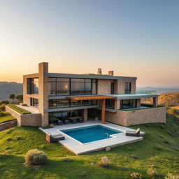 A picturesque rural villa situated on a hill, creatively blending modern and Achaemenid architectural styles
