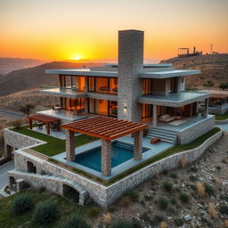 A picturesque rural villa situated on a hill, creatively blending modern and Achaemenid architectural styles