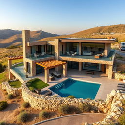 A picturesque rural villa situated on a hill, creatively blending modern and Achaemenid architectural styles