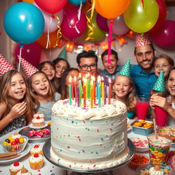 A festive birthday celebration scene featuring a beautifully decorated cake with colorful candles on top, surrounded by vibrant balloons and streamers