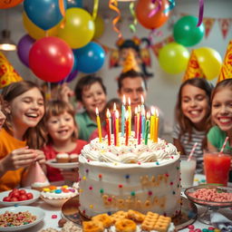 A festive birthday celebration scene featuring a beautifully decorated cake with colorful candles on top, surrounded by vibrant balloons and streamers