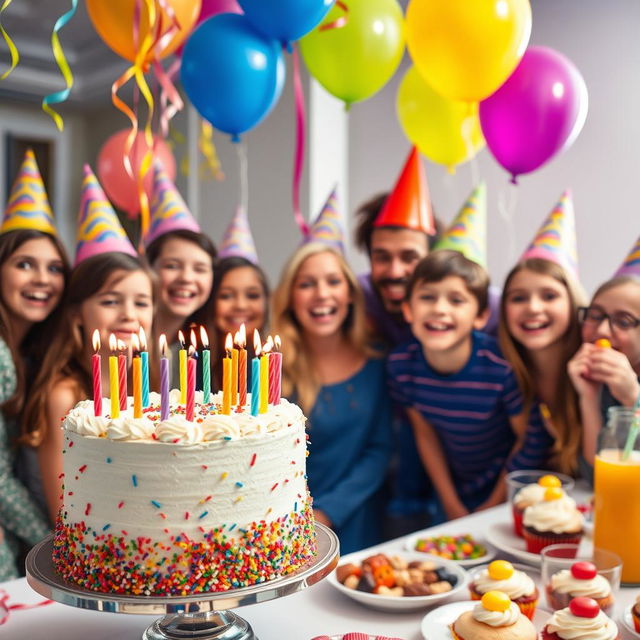 A festive birthday celebration scene featuring a beautifully decorated cake with colorful candles on top, surrounded by vibrant balloons and streamers