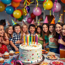 A festive birthday celebration scene featuring a beautifully decorated cake with colorful candles on top, surrounded by vibrant balloons and streamers