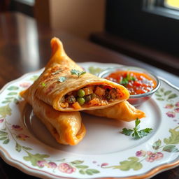A delicious samosa displayed on a beautiful ceramic plate