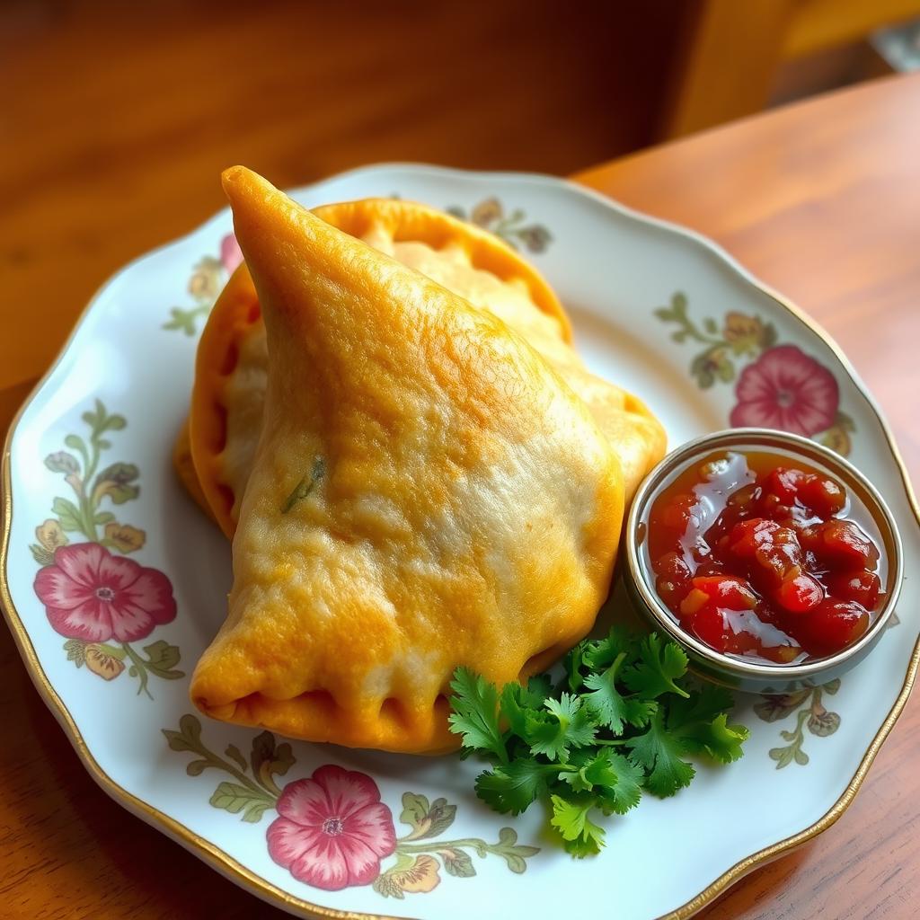 A delicious samosa displayed on a beautiful ceramic plate