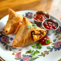 A delicious samosa displayed on a beautiful ceramic plate