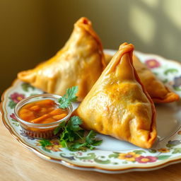 A delicious samosa displayed on a beautiful ceramic plate