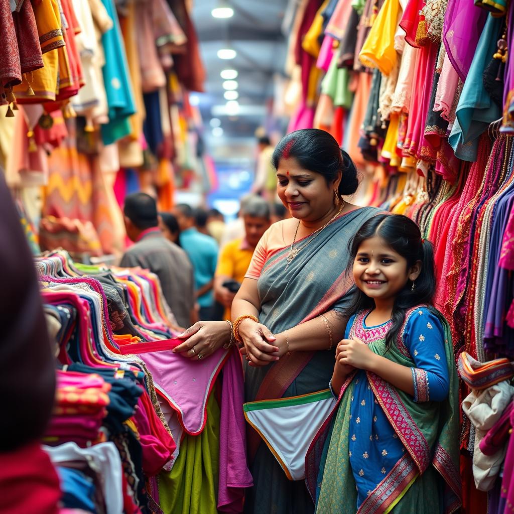 An Indian chubby woman shopping for panties with her cheerful daughter in a crowded market