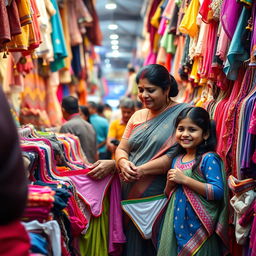 An Indian chubby woman shopping for panties with her cheerful daughter in a crowded market
