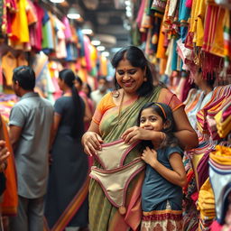 An Indian chubby woman shopping for panties with her cheerful daughter in a crowded market