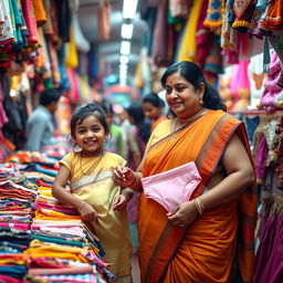 An Indian chubby woman shopping for panties with her cheerful daughter in a crowded market