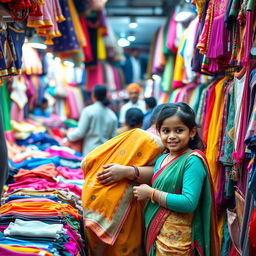 An Indian chubby woman shopping for panties with her cheerful daughter in a crowded market