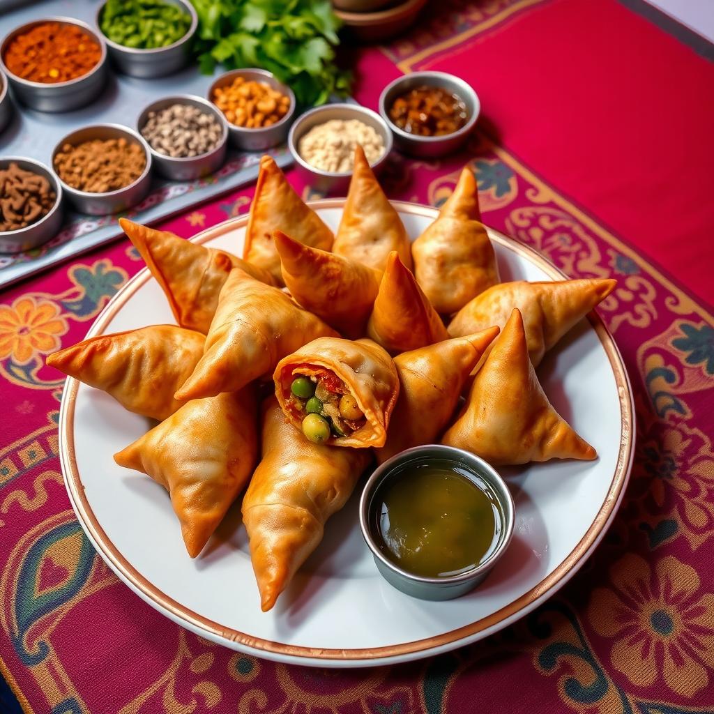 An intricately detailed plate of freshly made samosas, golden brown and crispy, filled with a spiced mixture of potatoes and peas