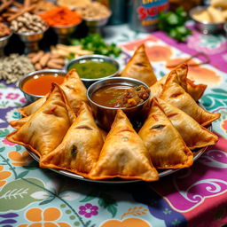 An intricately detailed plate of freshly made samosas, golden brown and crispy, filled with a spiced mixture of potatoes and peas