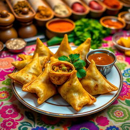 An intricately detailed plate of freshly made samosas, golden brown and crispy, filled with a spiced mixture of potatoes and peas