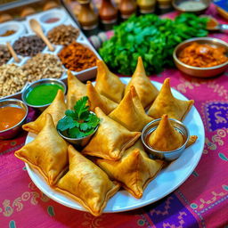 An intricately detailed plate of freshly made samosas, golden brown and crispy, filled with a spiced mixture of potatoes and peas