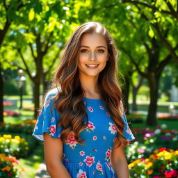 A portrait of a young woman named Mikayla Campinos with long wavy brown hair and striking hazel eyes, wearing a stylish blue summer dress adorned with floral patterns